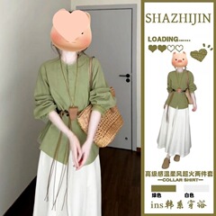 法式绿色衬衫连衣裙2025秋季感温柔穿搭一整套超好看气质长裙