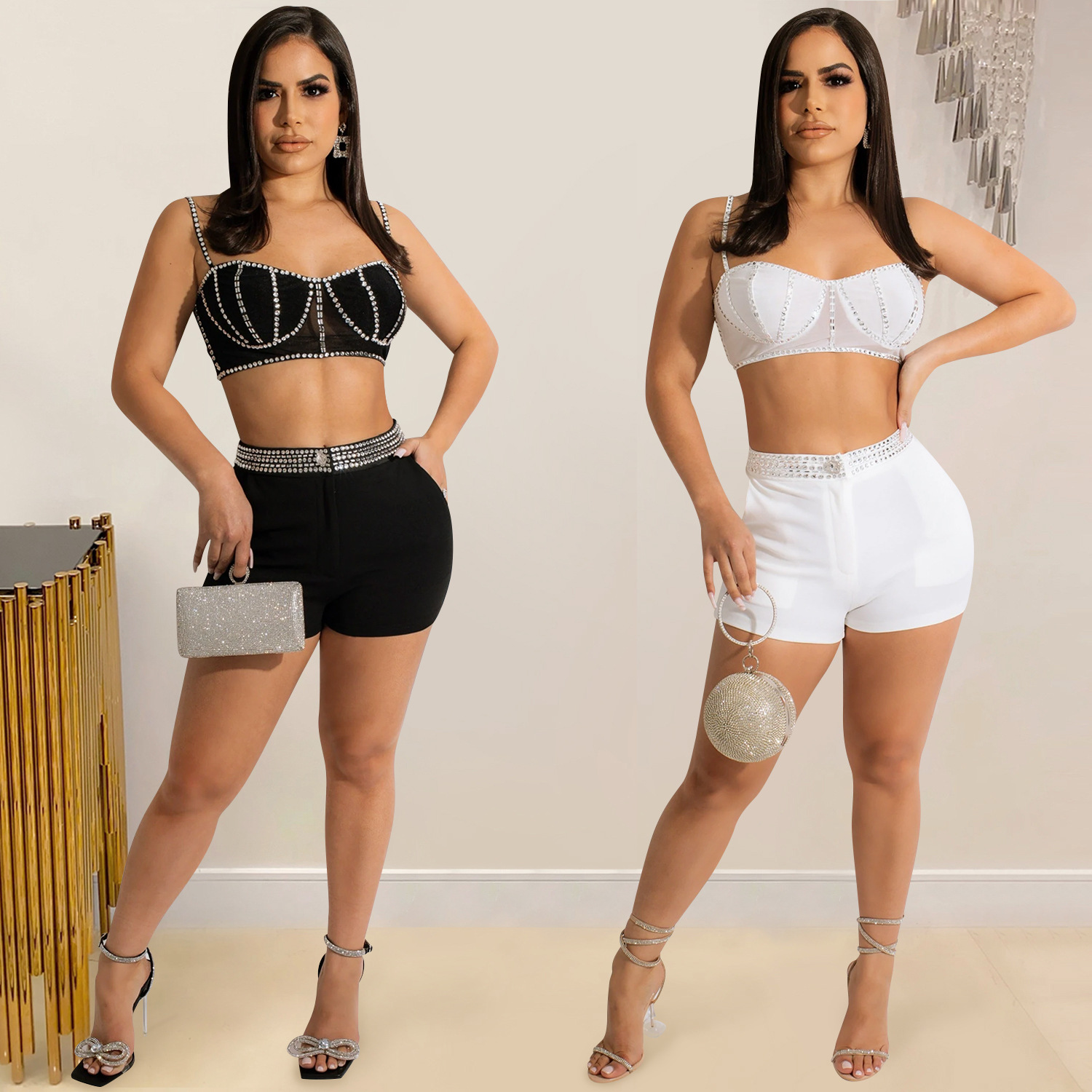 X5676 transfronteriza AliExpress Amazon Europa y América nueva correa de diamantes de imitación caliente cremallera chaleco en el pecho pantalones cortos de dos piezas conjunto