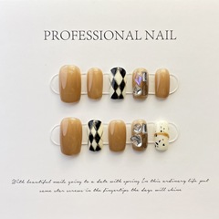 【Hand-painted】Early Autumn Metal Gold Japanese Checkerboard Handmade Wearable Nail Queen Style Phototherapy Nail Sheet