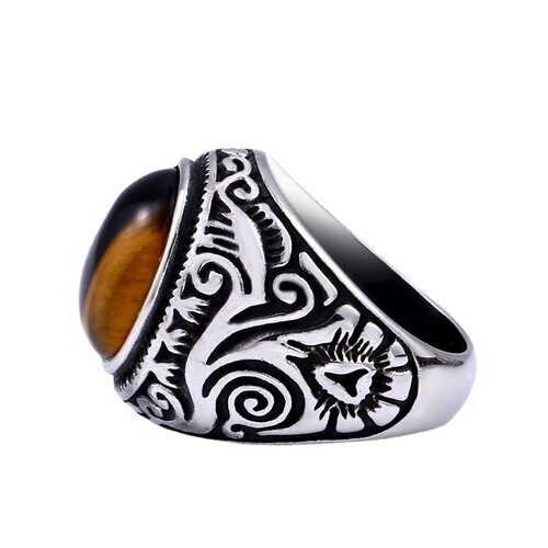 Beier Cross-border Wholesale Titanium Steel Ring for Men in Europe and America, Vintage Stainless Steel with Gemstone Inlay and Engraved Band Hand Accessory