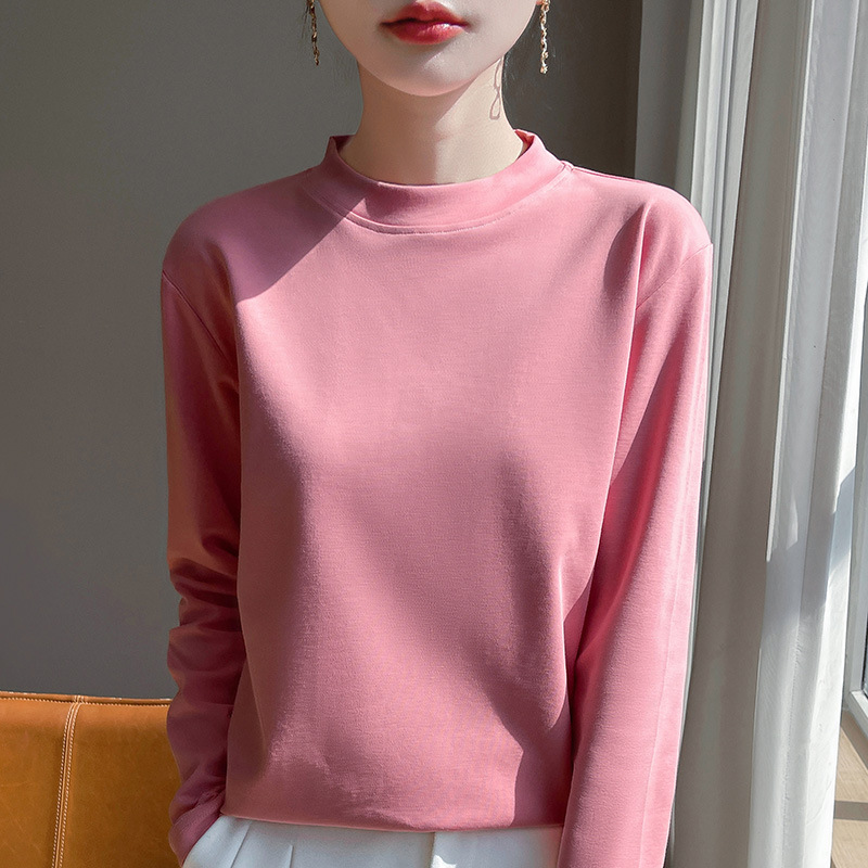 25 봄 여름 신상 순면 하프 하이 라운드 넥 스웨터 여성용 긴팔 티셔츠 솔리드 컬러 루즈 슬리밍 탑