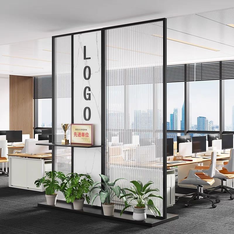 简约现代玻璃屏风隔断办公室形象墙公司入户玄关前台LOGO背景|undefined