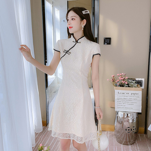 Apricot lace short Chinese dress retro qipao cheongsam improved model show singers phtotos young girl elegant dress celebrity evening dresses