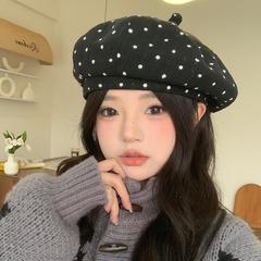 韩版波点贝雷帽女秋冬大头围显脸小百搭甜美可爱画家帽时尚云朵帽