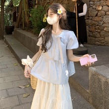 甜美蝴蝶结系带泡泡袖娃娃领衬衫女夏宽松显瘦褶皱花苞超好看上衣