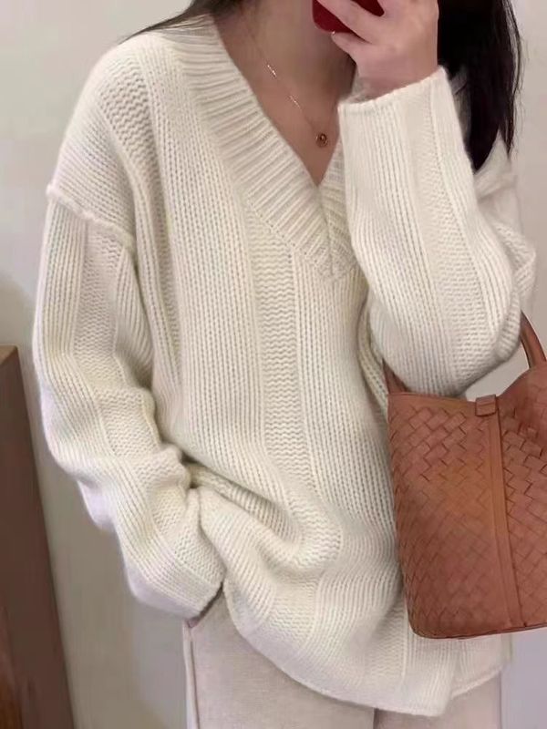 2025秋冬100羊毛女士套头V领针织打底衫宽松软糯气质休闲简约长袖|undefined