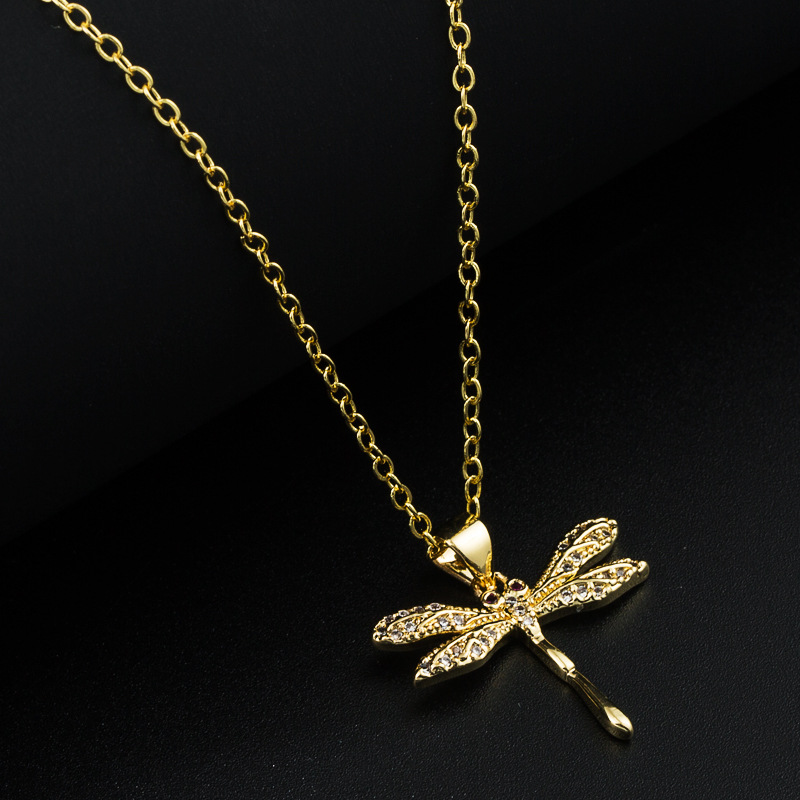fashion Copper Plating 18K Gold Micro Inlaid Zircon Dragonfly Pendant Necklace