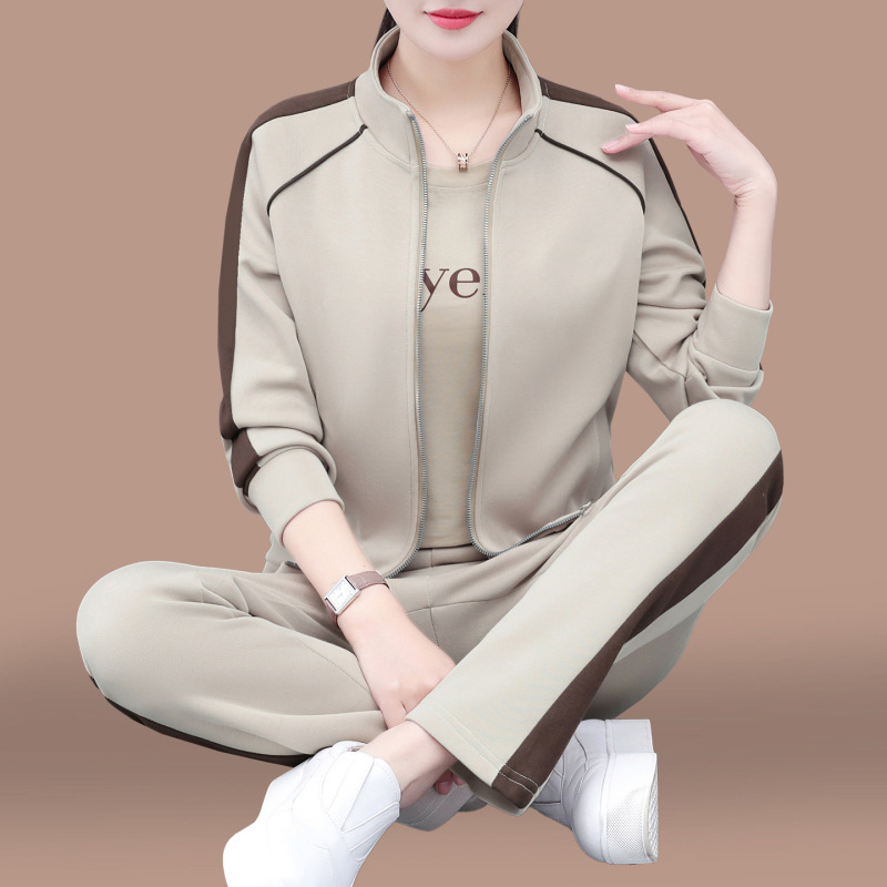 立领休闲运动套装女2025新款春秋中年妈妈宽松跑步卫衣外套三件套|undefined