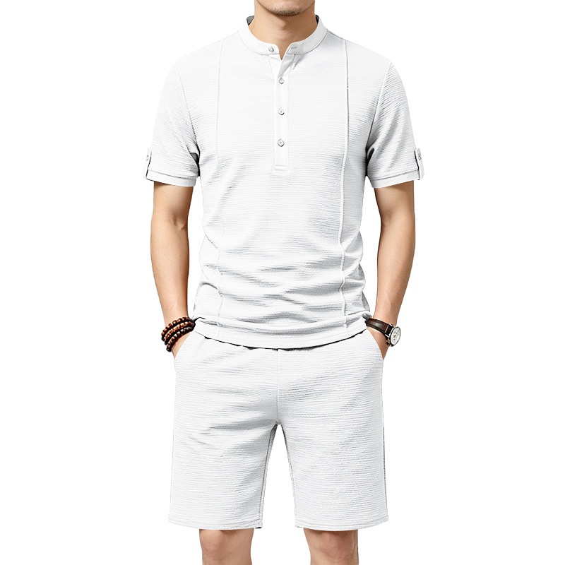 Men's Casual Henley Short Sleeve T-Shirt And Shorts Set Comfort-Focused Polyester Design for Summer_viptrois.com