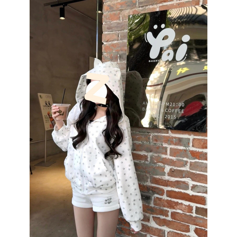 印花小耳朵卫衣女2025新款爆款春秋设计感洋气小个子连帽上衣外套