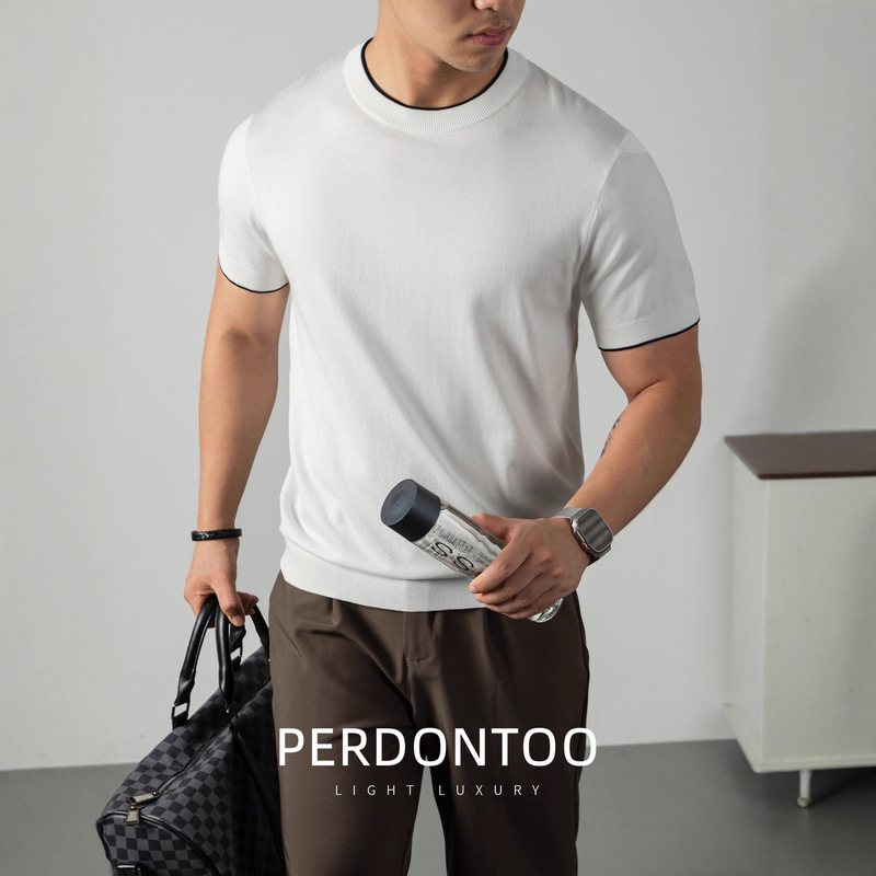 「Mulberry Silk & Lyocell」Old Money Style Knitted Short Sleeve T-Shirt for Men, 16-Needle Color-Block Design Sweater t