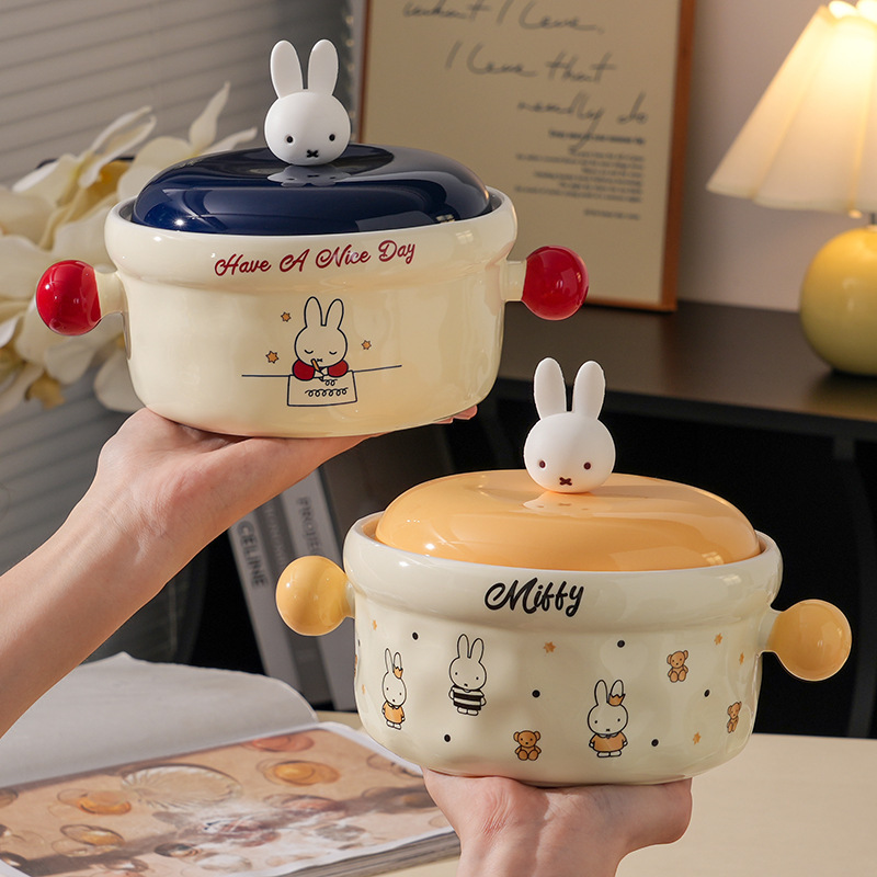 New Stylish Ceramic Bowl with Lid, Cute Double-Ear Design, Suitable for Home Use as Soup Bowl, Baked Rice Bowl, Salad Bowl, Ramen Bowl, and Gift-Giving New Stylish Ceramic Bowl with Lid, Cute Double-Ear Design, Suitable for Home Use as Soup Bowl, Baked Rice Bowl, Salad Bowl, Ramen Bowl, and Gift-Giving