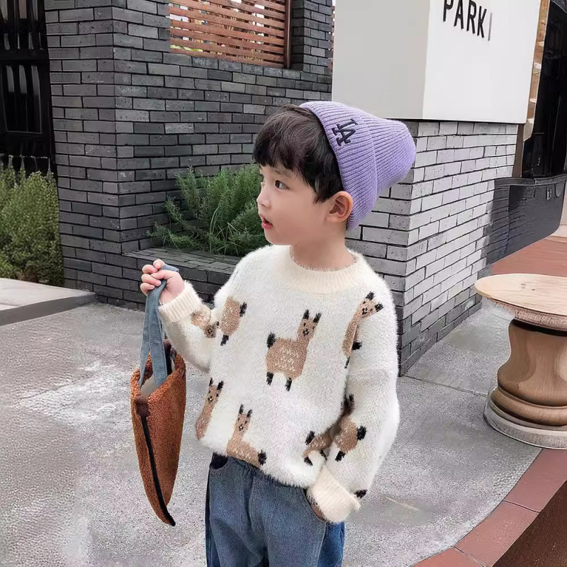 Boys' Alpaca Knitwear New Autumn and Winter Baby Pullover Plus Velvet Thickened Korean Style Knitwear Trendy Boys' Alpaca Knitwear New Autumn and Winter Baby Pullover Plus Velvet Thickened Korean Style Knitwear Trendy