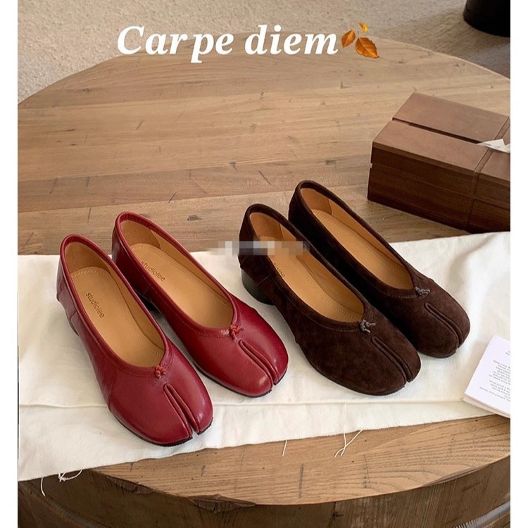 Grape Mom's Same Style, Height Increase 4cm~ Plant-Processed Sheepskin Pleated Ballet Thick-Heeled Flats Split-Toe Pig's Trotters Shoes for Women in Spring & Fall