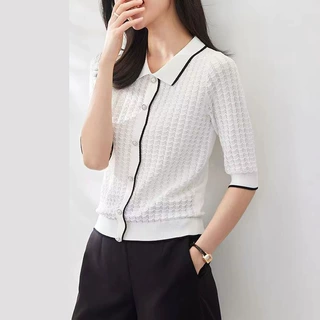 X8102夏季新款百搭镂空针织衫女纯色软糯POLO领五分袖上衣
