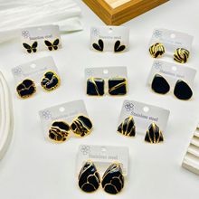 欧美跨境夸张高级感不锈钢耳钉滴油耳钉耳饰简约百搭镀黑色套耳饰
