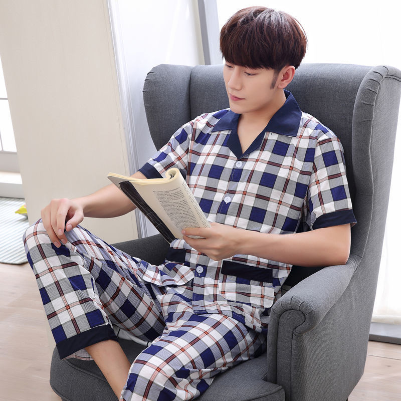 Pijamas de hombre de manga corta de verano de algodón fino de los hombres jóvenes y de mediana edad pijamas de los hombres más tamaño de primavera y verano día traje de desgaste para el hogar