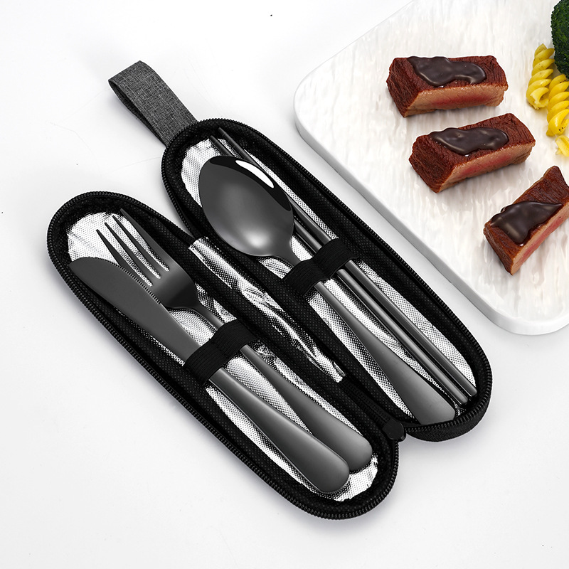 アマゾンクロスボーダーステンレスナイフフォークスプーン黒食器4点セットアウトドア旅行ナイフフォークポータブル収納袋|undefined