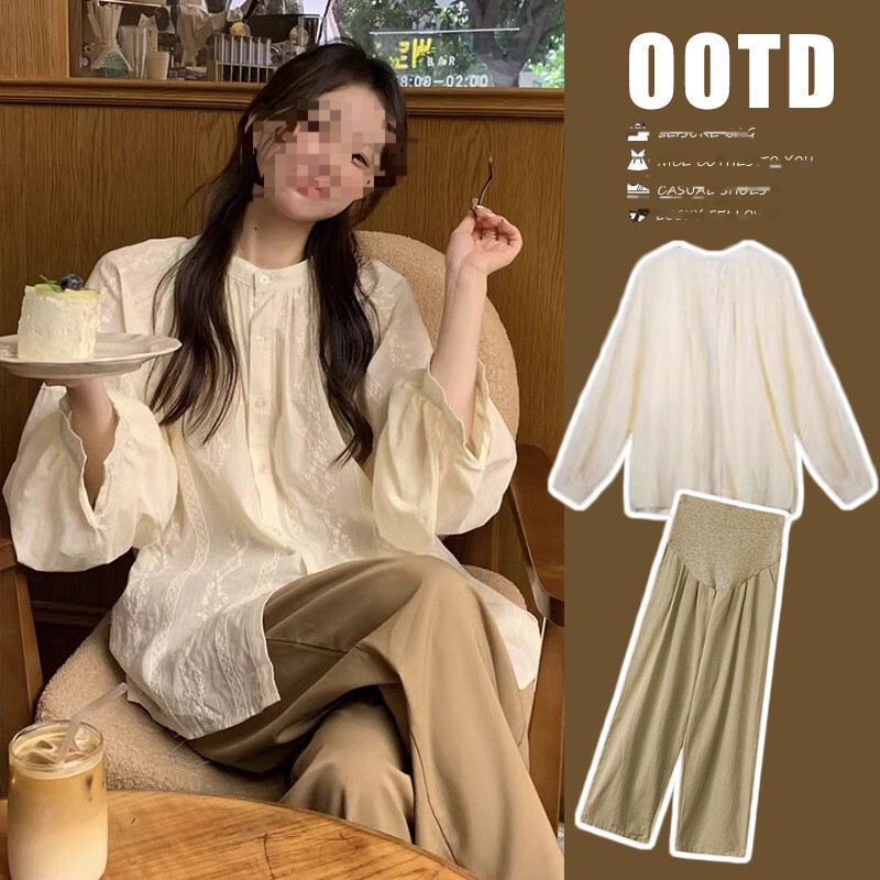 Maternity Autumn New French Retro Gentle Design Heavy Embroidery Shirt + Wide-Leg Maternity Pants