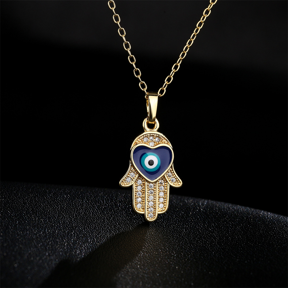 Fashion copper 18K gold drip oil zircon Fatimau0027s hand devilu0027s eye collarbone chain