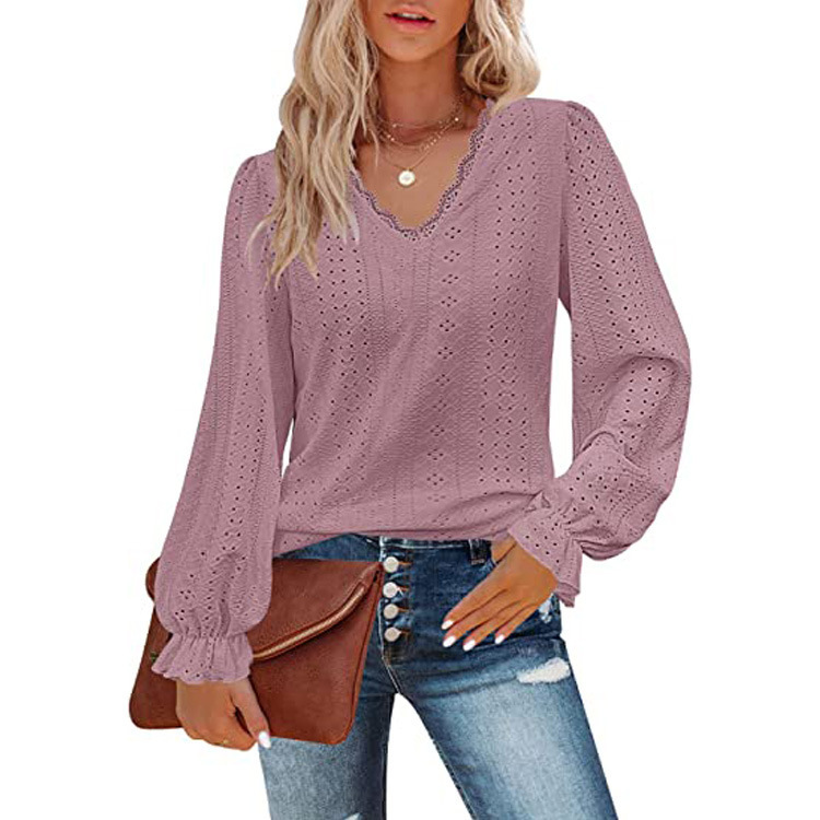 2026 Amazon New Women's Clothing Cross-Border European and American V-Neck T-Shirt Hollow Casual Pleated Sleeve Top Shirt