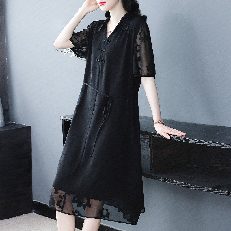 Summer Chinese style casual short-sleeved elegant loose plus size V-neck A-line chiffon dress for plus-size mothers