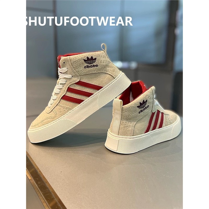 Three-Stripe High-Top Shoes Autumn and Winter 2024 Soft Sole Suede Thick-Soled Sneakers Fast Fashion Retro Men's Shoes