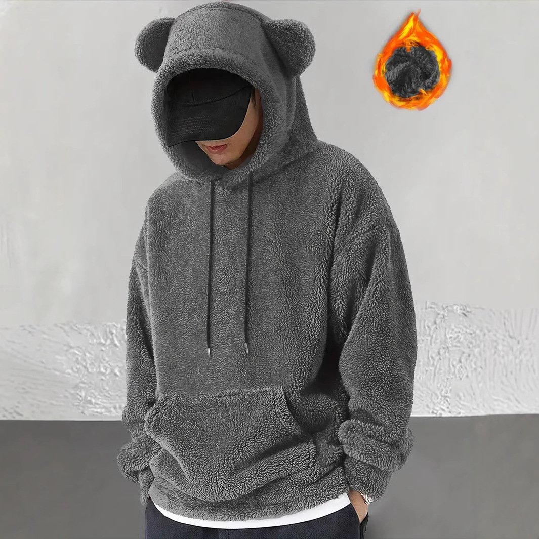Felpa con cappuccio in pile corallo caldo tinta unita da uomo, con orecchie d'orso, giacca carina_voghion.com
