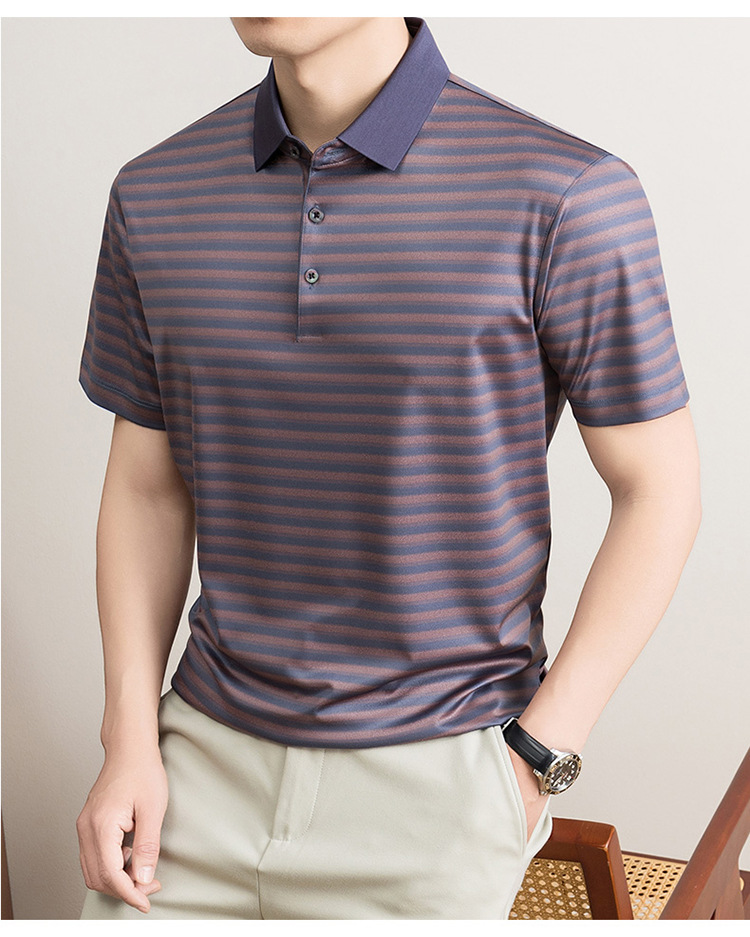 Áo polo nam tay ngắn cổ bẻ sọc kẻ chất liệu tơ tằm mulberry mềm mịn — Vàng tím 8878 chi tiết 17
