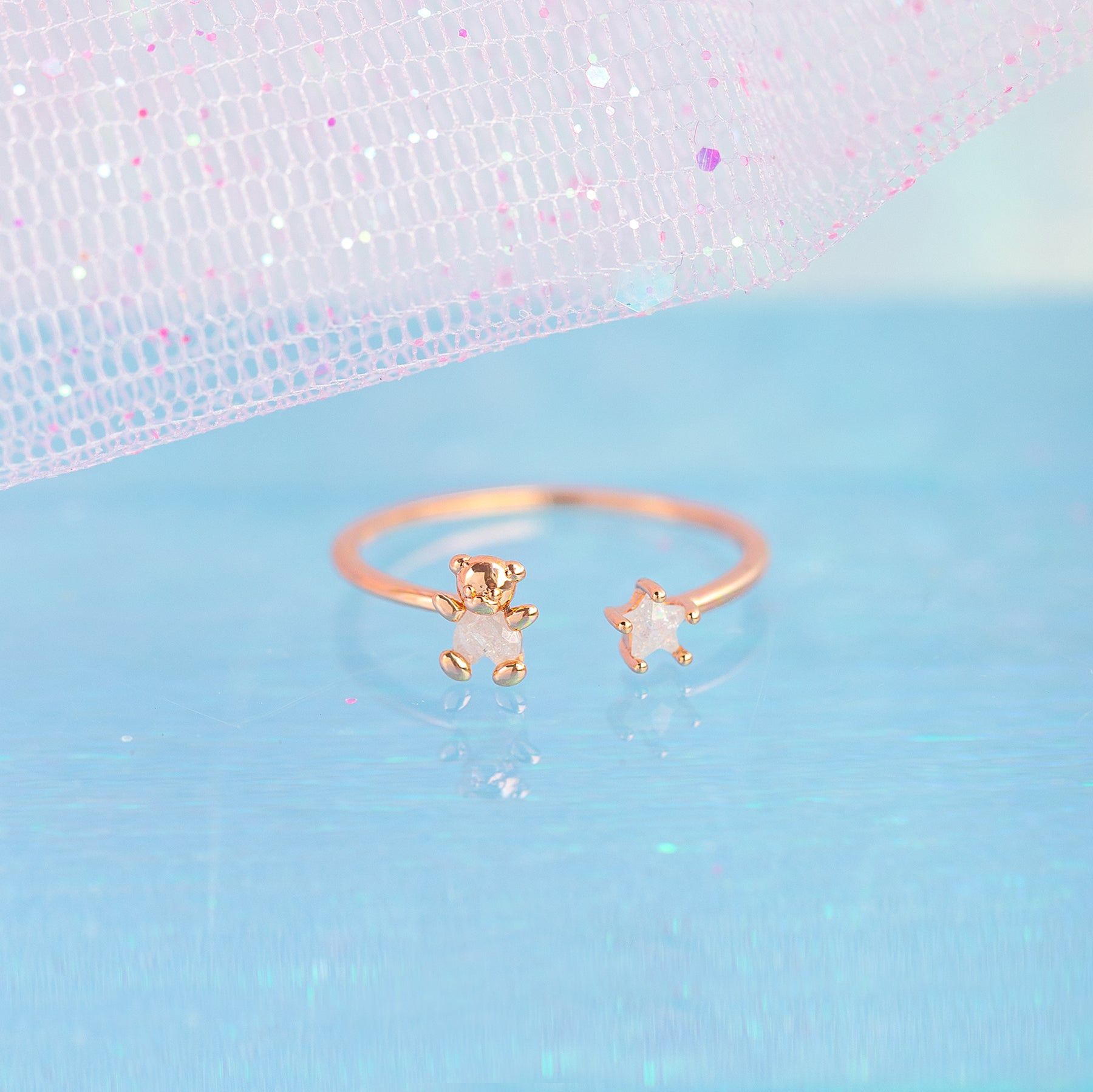 Fashion Star Bear Copper Zirconium Plated Real Gold Open Ring