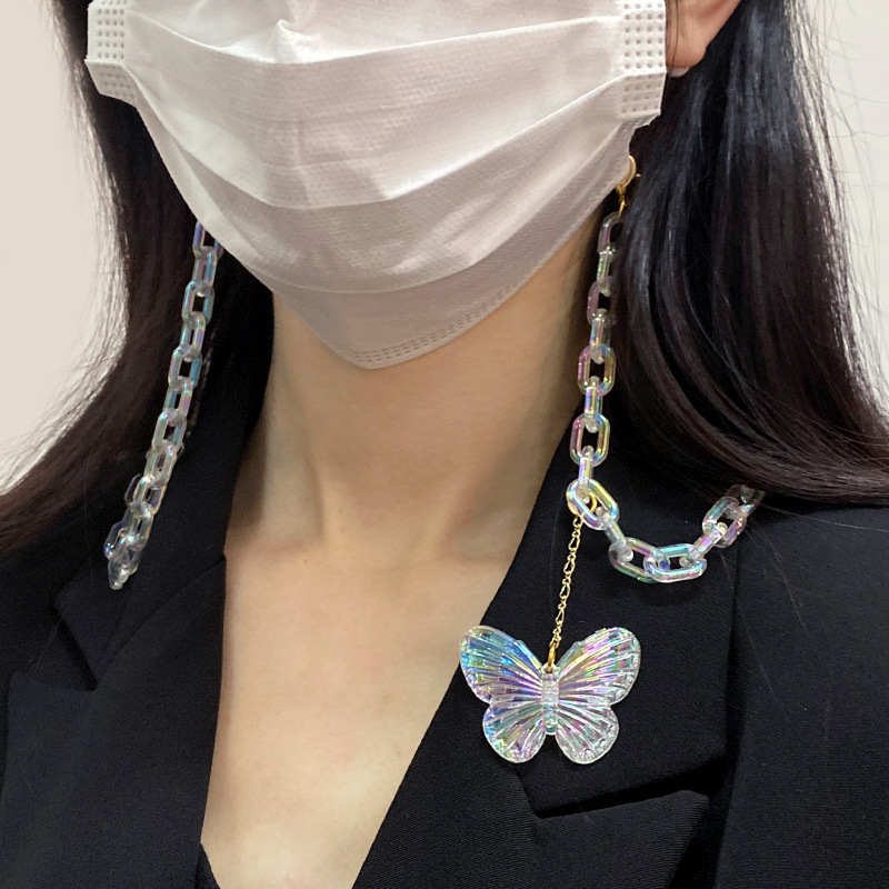 亚马逊跨境热销透明AB彩亚克力链条口罩链气质韩版蝴蝶吊坠口罩链
