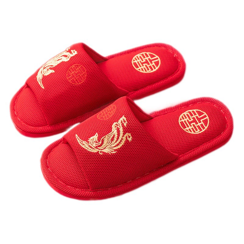 Свадебные тапочки Пара Дракона и Феникса Праздничные красные невесты Сопровождающие свадебные тапочки Домашние хлопковые сандалии для пары
