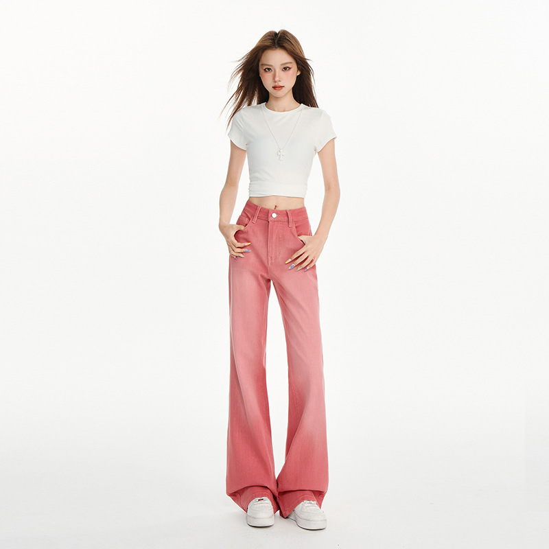 Orange Silk Women's Clothing # Pink Gradient Bootcut Jeans for Women, Narrow Version, Low Waist, Slim Straight Wide Leg Stretch Casual Pants