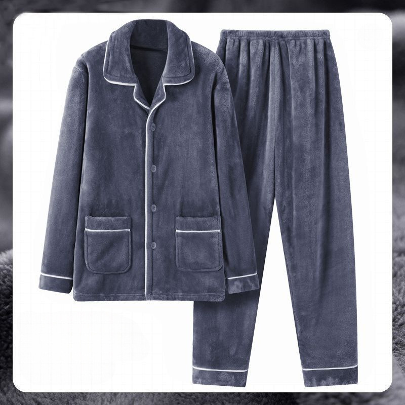 Transfronterizo hombre coral terciopelo pijama otoño y invierno grueso terciopelo cálido manga larga suelta franellas set de ropa para el hogar