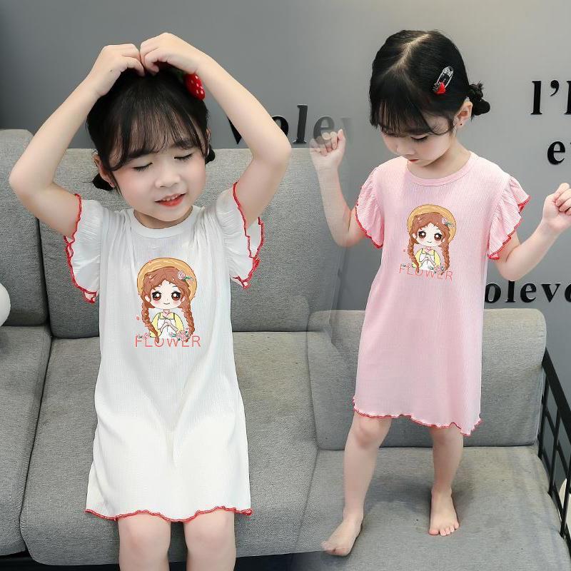 Girls' Summer Thin Ice Silk Short-Sleeved Home Wear Baby Toddler Girl Cartoon Pajama Dress