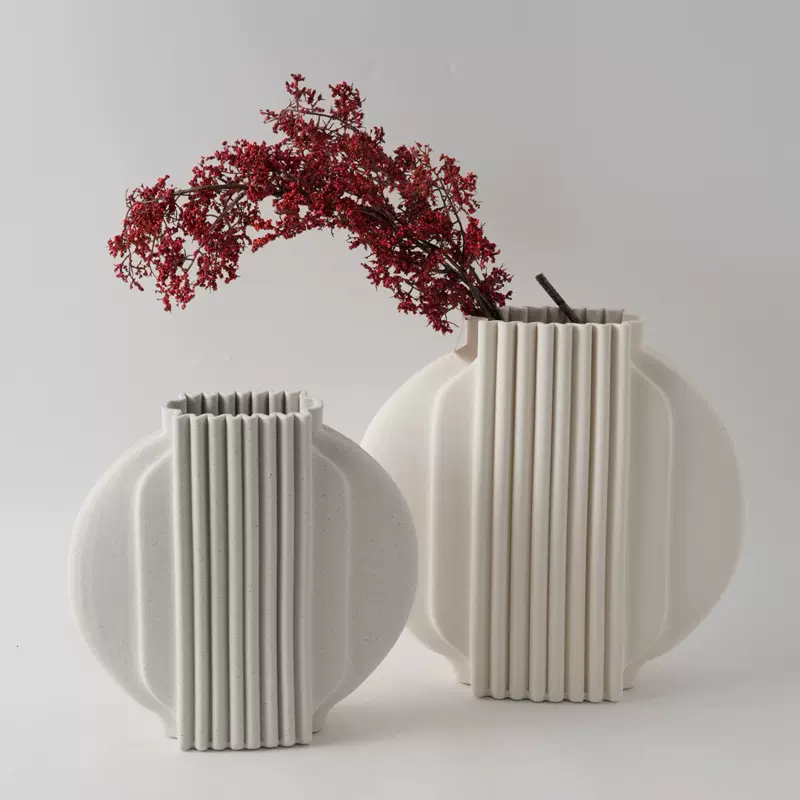 现代新中式3D打印陶瓷米白色扁圆形花瓶摆件样板间酒店门店插花器