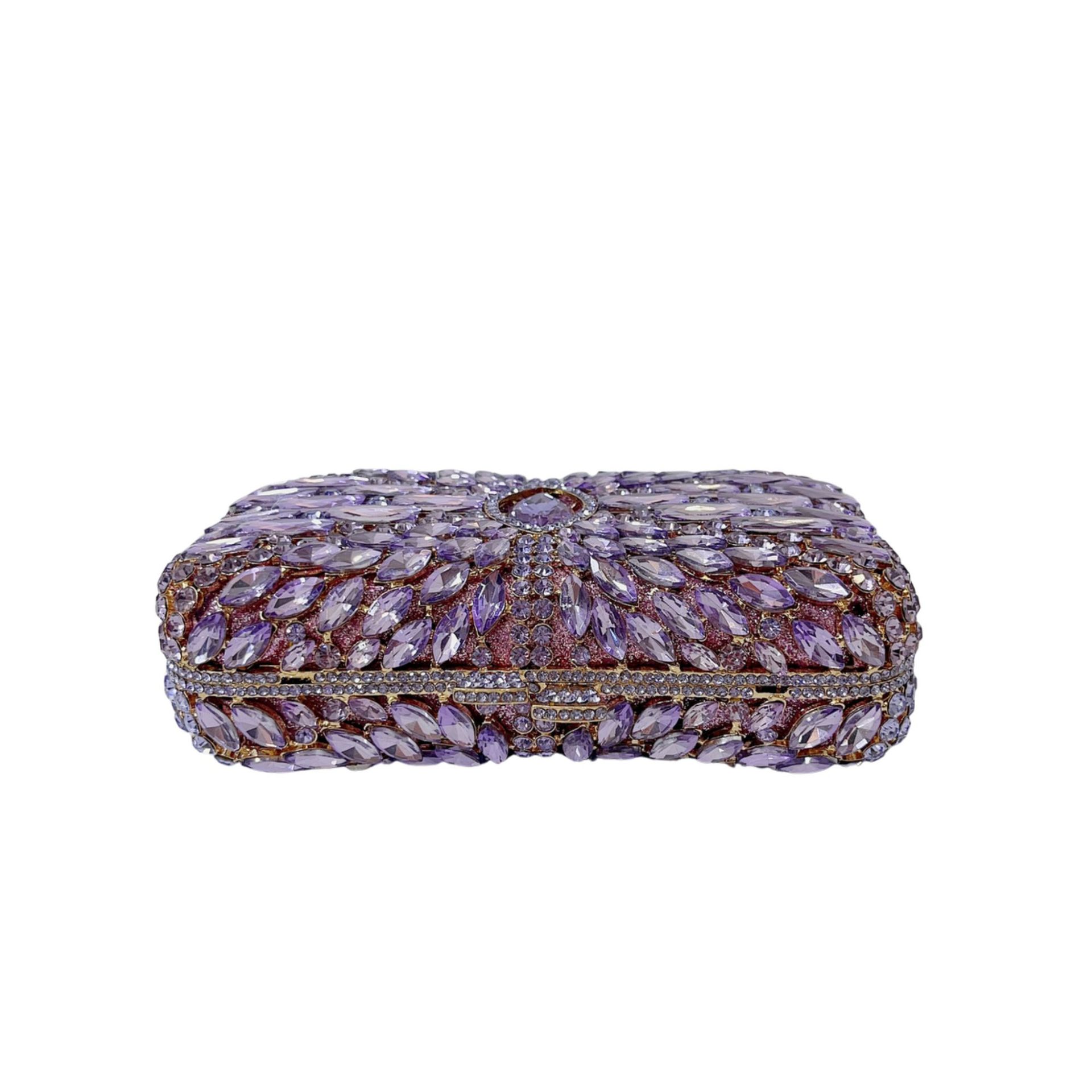 Túi clutch nữ đính đá rhinestone hộp cứng kim loại cầm tay dạ hội — Màu hồng, Hoa violet, Đế vàng kim cương, Màu sâm panh chi tiết 6