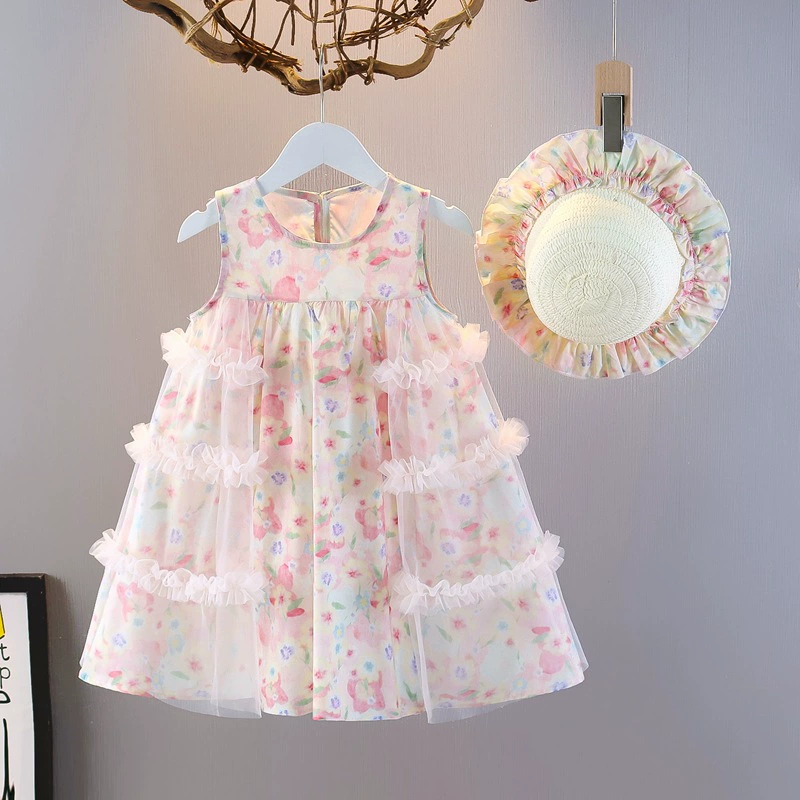 Summer dress with sleeves sleevless, children's thin sleevless dress, small princess costume, skirt, floral print
