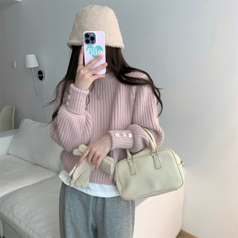 宽松软糯针织衫女秋冬季袖口纽扣内搭打底短款加厚毛衣温柔风上衣|undefined
