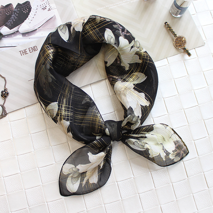 新玉兰花静雅风金丝真丝70小方巾女士桑蚕丝百搭春秋气质百搭围巾