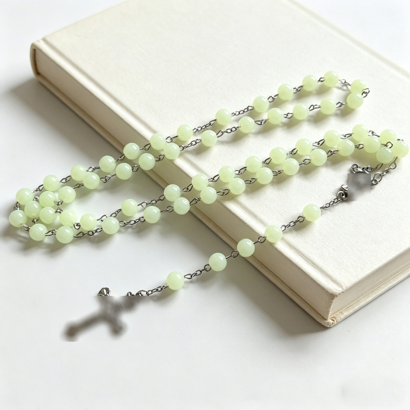 Foreign Trade Cross-Border Prayer Beads 8mm Luminous Round Beads Cross Necklace Beaded Sweater Chain for Men and Women Foreign Trade Cross-Border Prayer Beads 8mm Luminous Round Beads Cross Necklace Beaded Sweater Chain for Men and Women