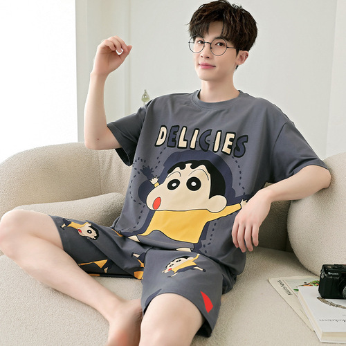 Men's Summer Pure Cotton Short-Sleeve 2025 Thin Youth Student Cartoon Plus Size Homecoming Set