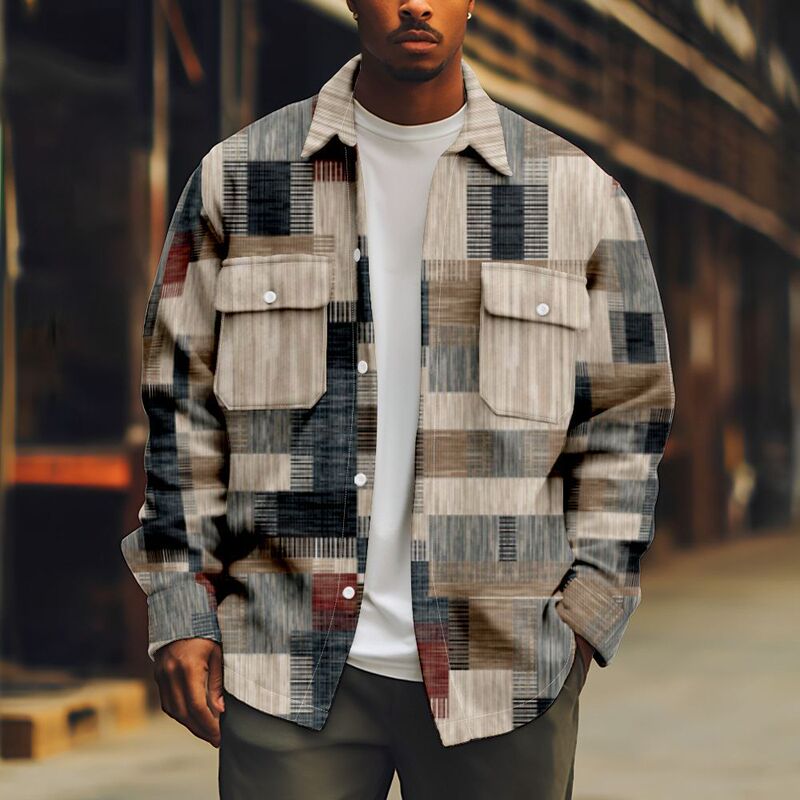 New Men's Corduroy Long-Sleeve Jacket for Independent Fashion Platforms, Autumn and Winter Ethnic Style Creative Button-Up Shirt Jacket