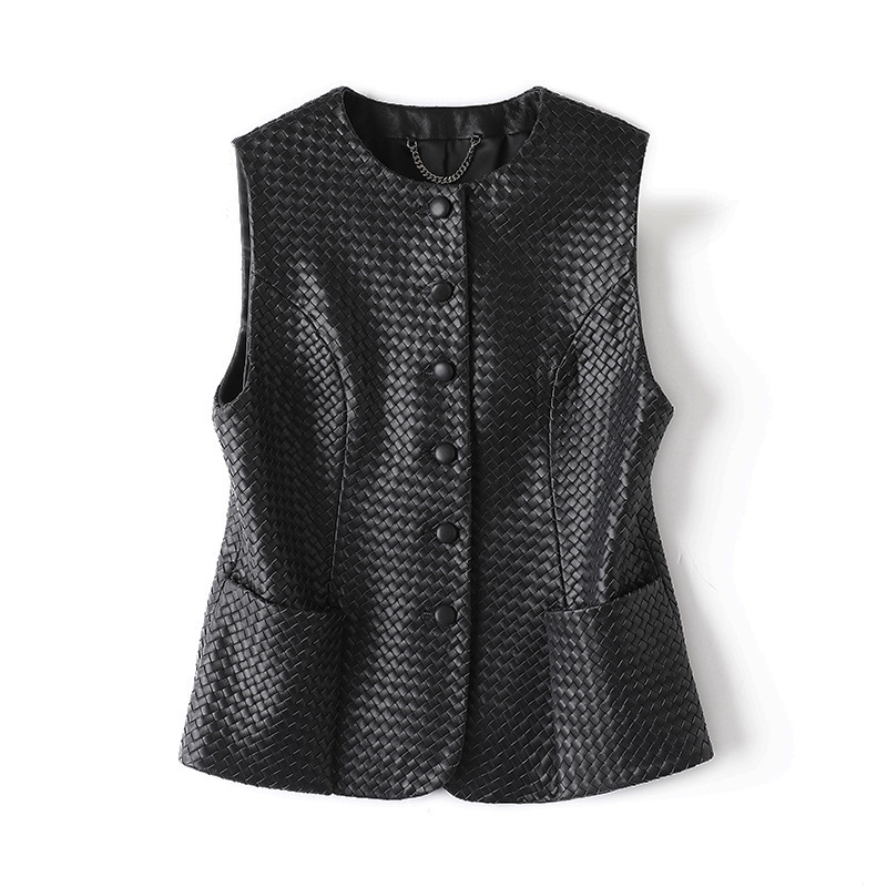 Hn3262 Genuine Leather Jacket Spring & Fall New Fashion Hand-Woven Goatskin Retro Casual Vest Outer Slim Vest