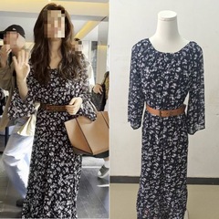 長期スポット 2025 Xia Zhuzhu 同じスタイルのフレンチレトロプリントシフォンドレス痩身気質花柄ロングスカート