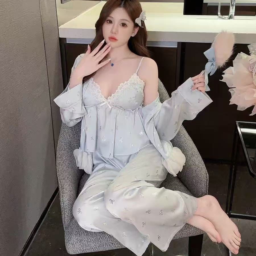 여성용 잠옷 2026 신상 봄, 가을, 여름 아이스 실크 은박 리본 가슴 패드가 있는 레이스 홈웨어 세트