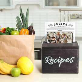 木质菜谱收纳盒家用厨房食谱卡片储藏盒实木翻盖式带手机架整理盒