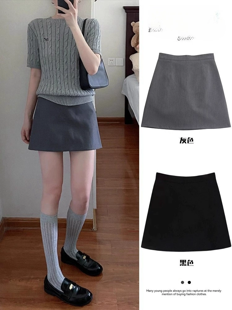 Костюм с короткой юбкой, серая женская летняя юбка 2025, новая юбка трапециевидной формы с высокой талией, зрелая облегающая юбка, черная юбка