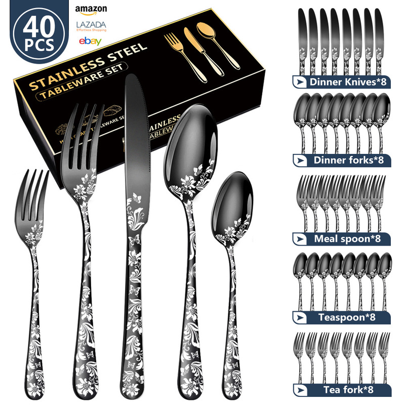 Amazon's Hottest Pattern Stainless Steel Cutlery Set Laser Black Western Steak Cutlery, Fork and Spoon 40-Piece Set