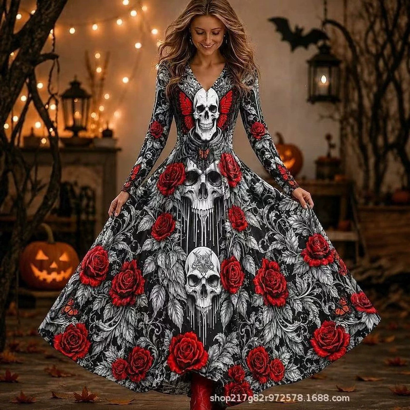 2026 Long Dress A-Line Skirt Retro Bohemian Style Party Regular Style Skull Long Sleeve V-Neck Halloween